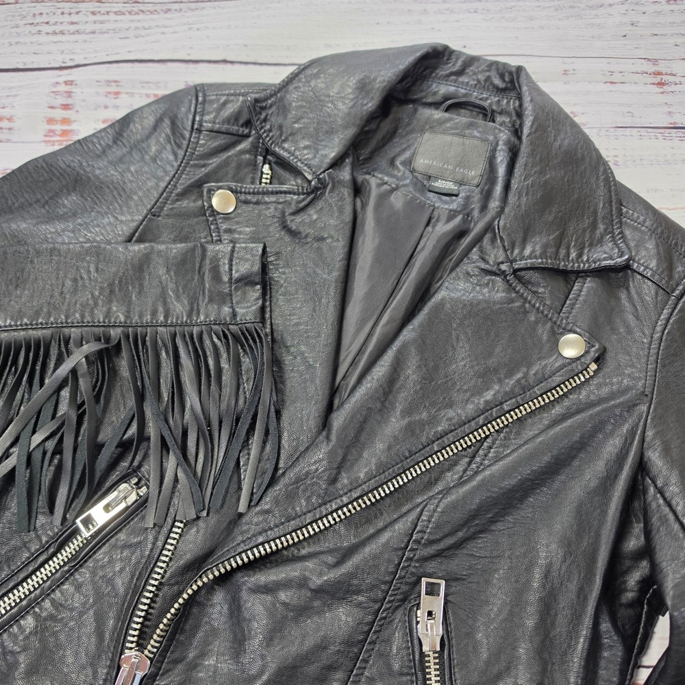 American Eagle Moto Jacket Womens Small Black Excellent Faux Leather Fringe Boho